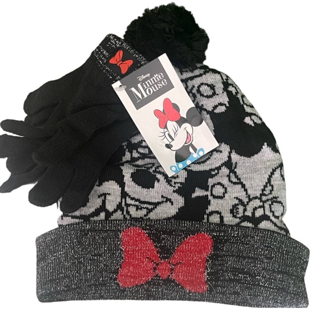Disney Minnie Mouse Grey Graphic Beanie & Black Glove Set NWT